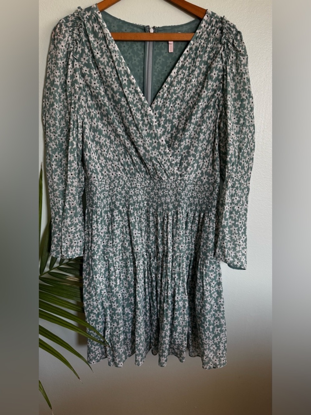 Rebecca Taylor Sage Green Floral Long Sleeve Smocked Dress